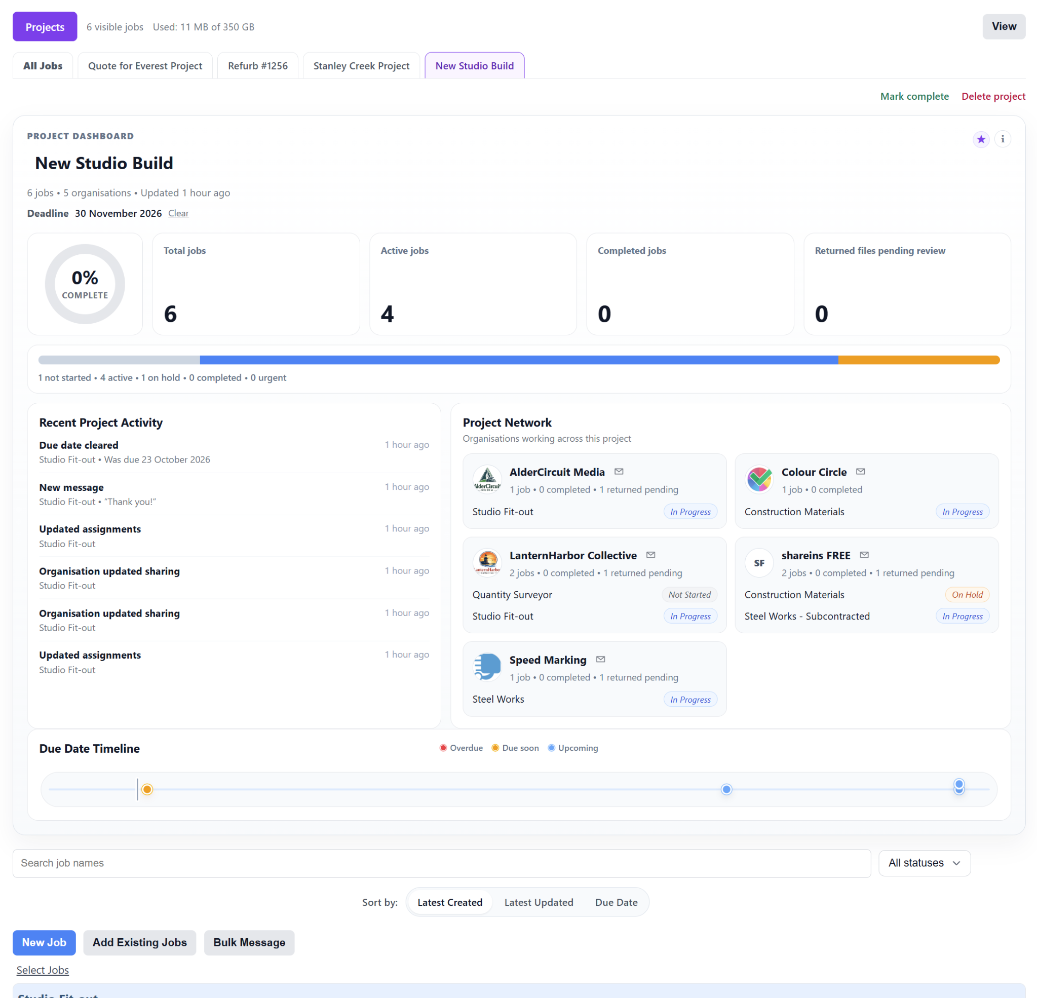 ShareSet Pro project dashboard showing multiple jobs grouped into one project